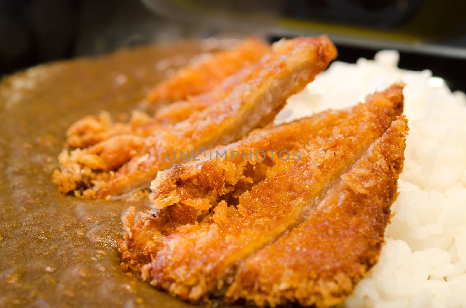 Japanese breaded deep fried pork cutlet (tonkatsu) served with steamed rice and curry sauce