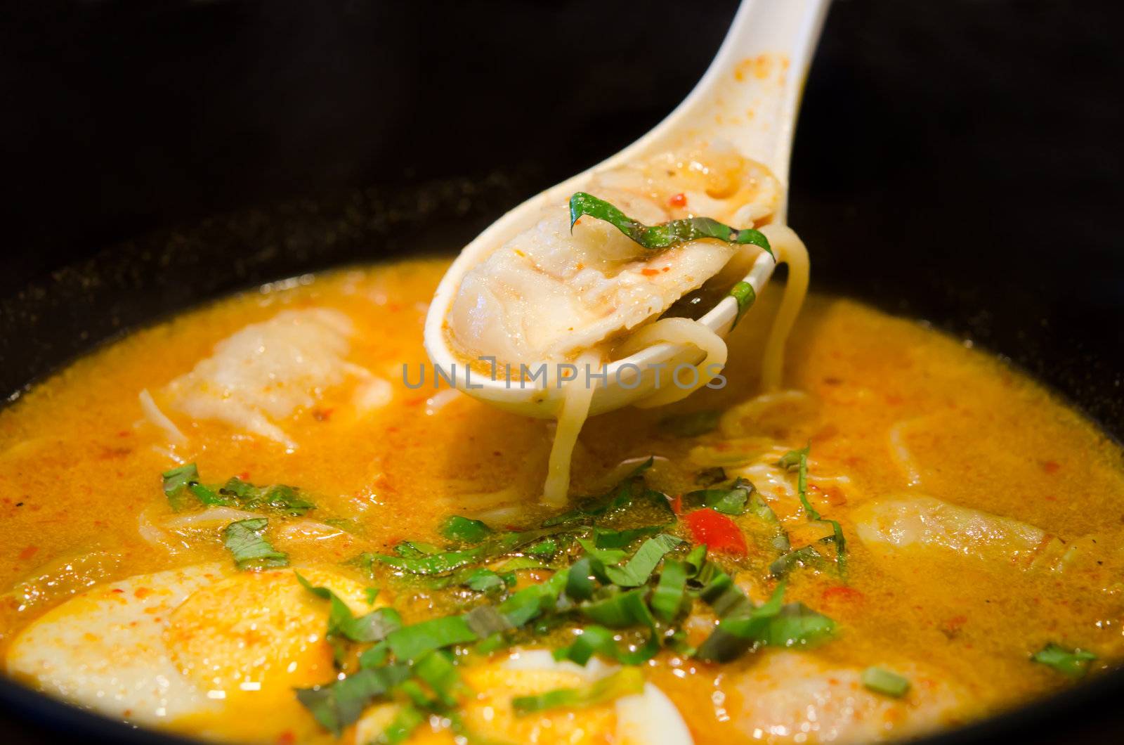 spicy ramen noodles with wonton and egg , wonton on spoon