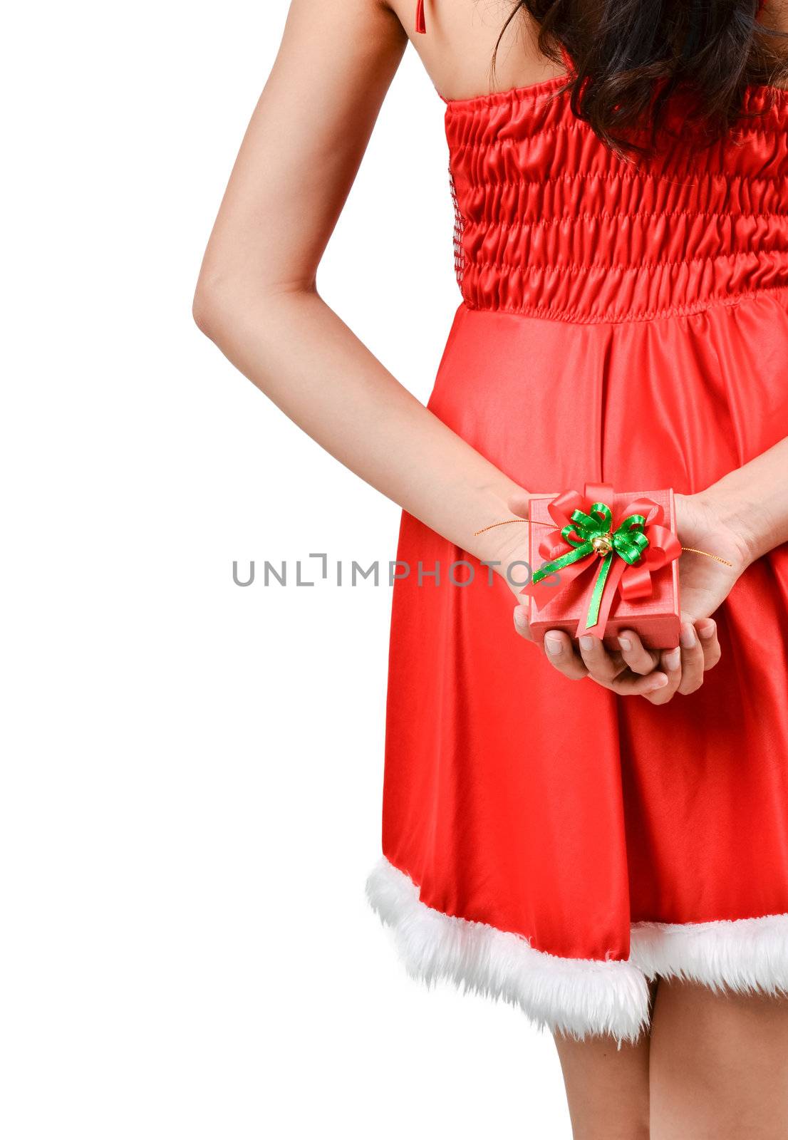 Santa woman  holding a gift box isolated on white background