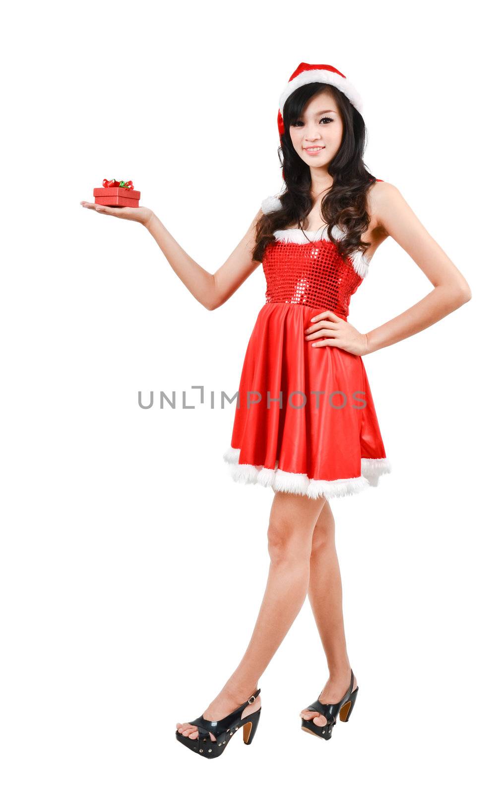 Santa woman  holding a gift box isolated on white background