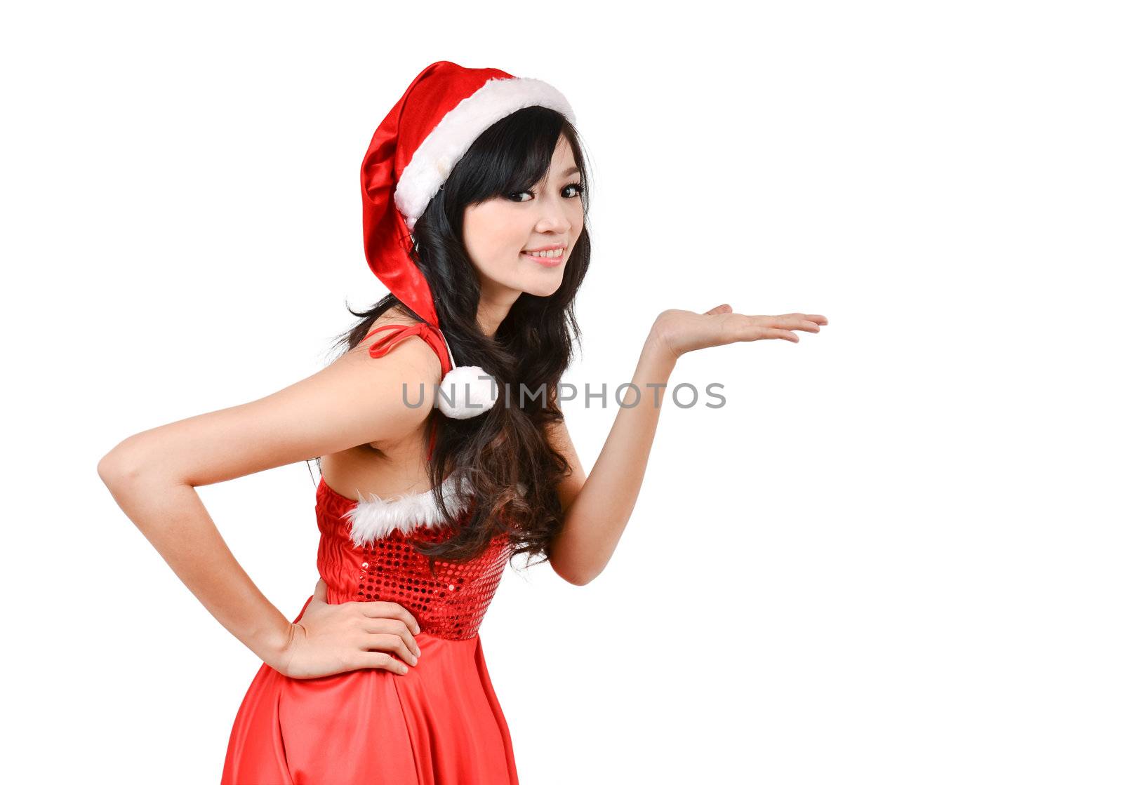 santa women presenting something on  hand by anankkml