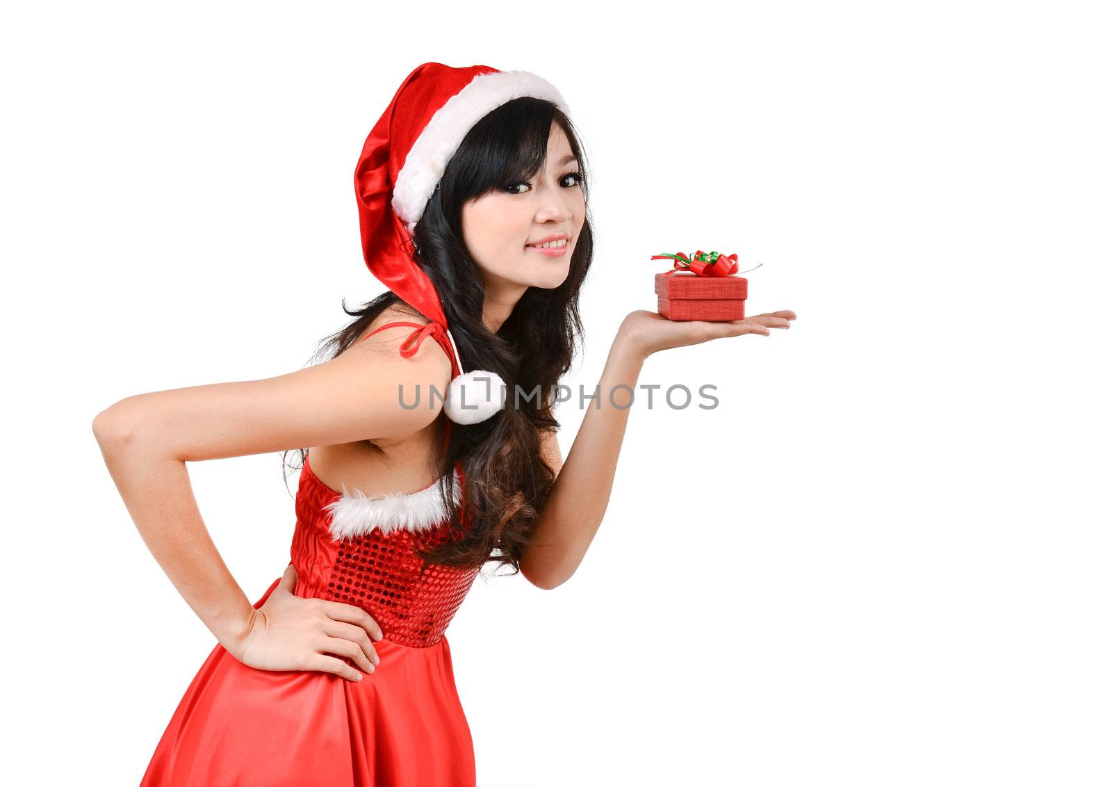 Santa woman  holding a gift box isolated on white background