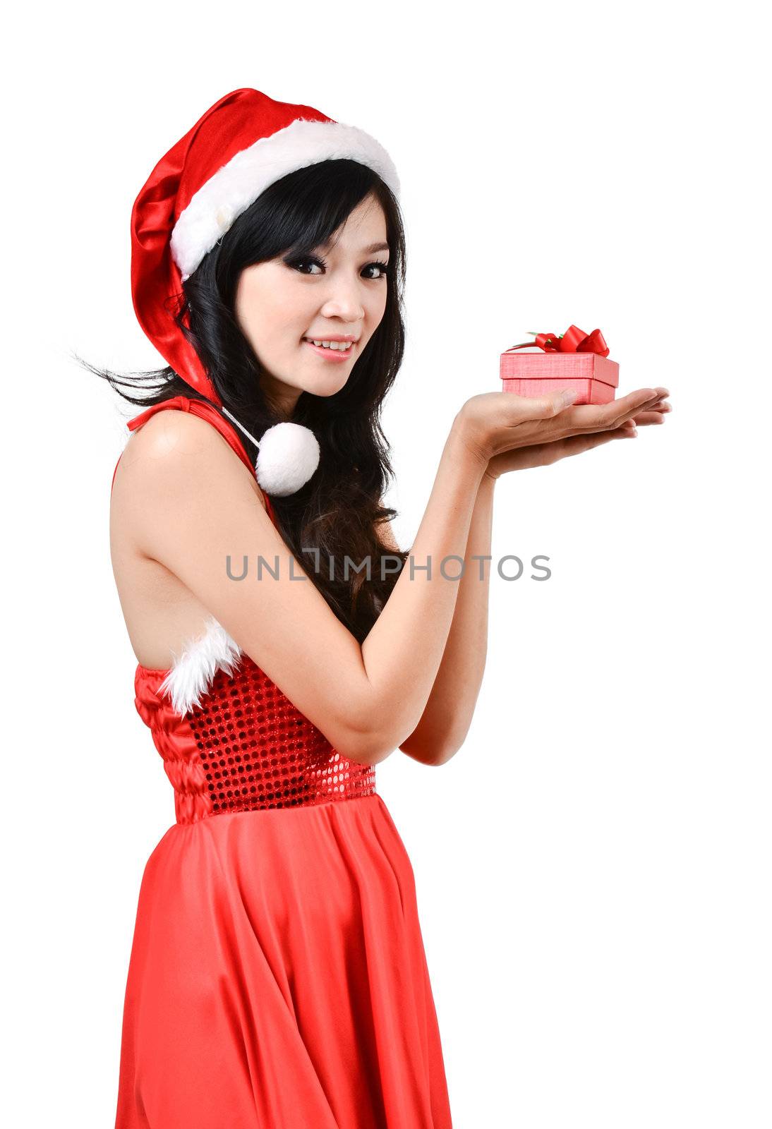 Santa woman  holding a gift box by anankkml