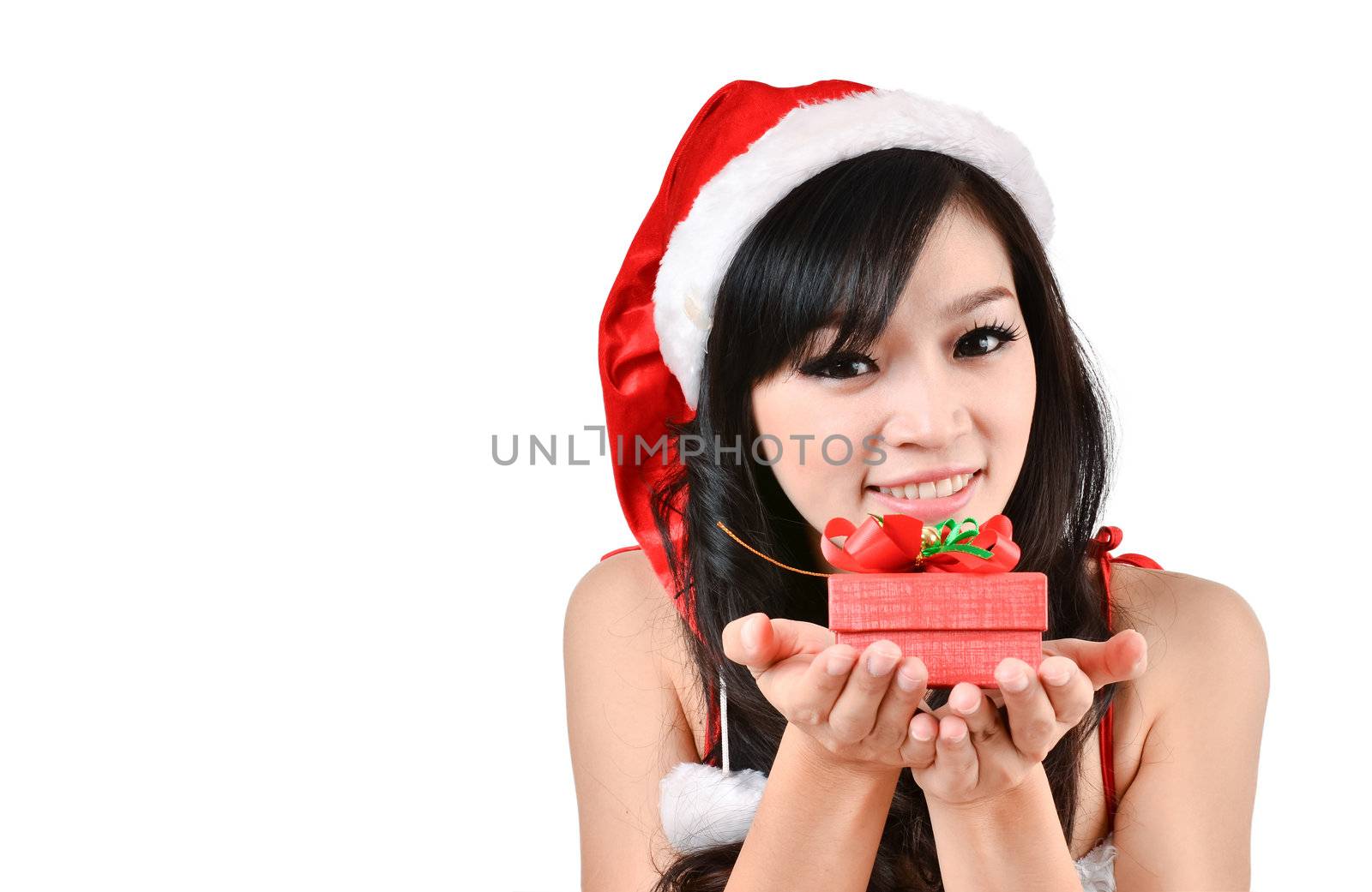 Santa woman  holding a gift box by anankkml