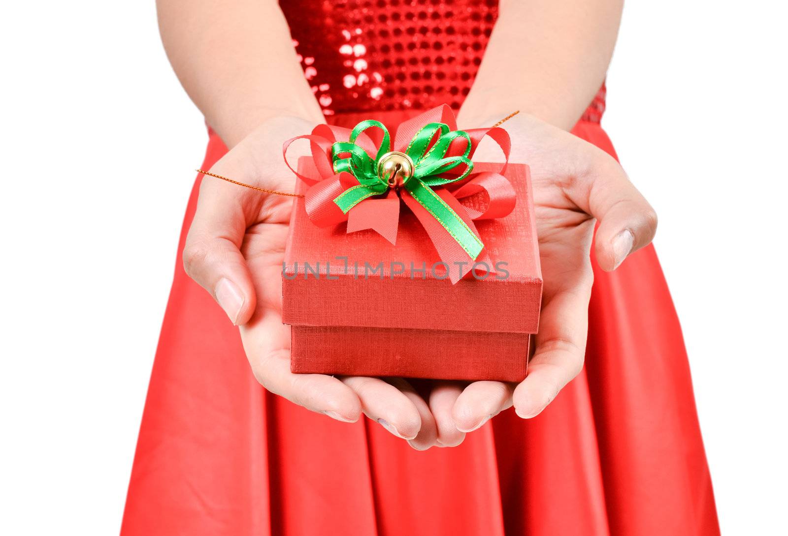 Santa woman  holding a gift box isolated on white background