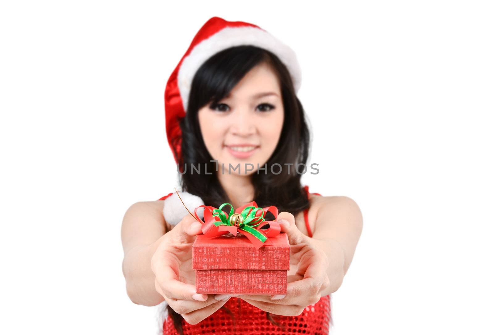 Santa woman  holding a gift box by anankkml