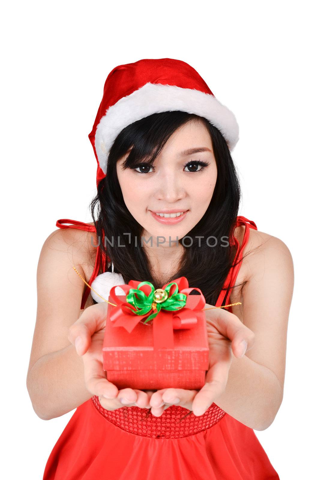 Santa woman  holding a gift box by anankkml