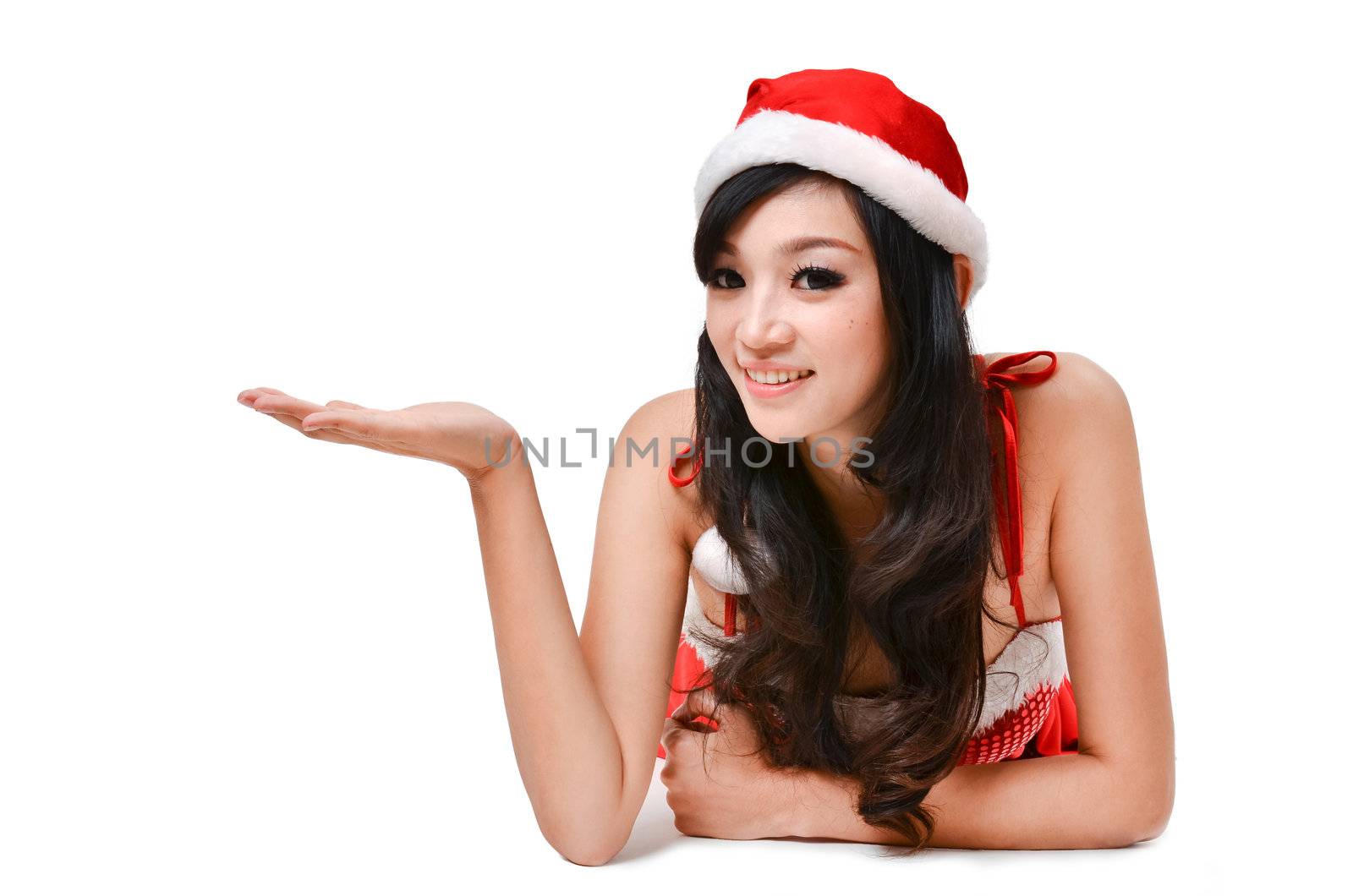 santa women presenting something on  hand by anankkml