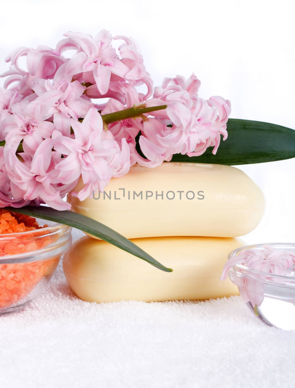 Soap, bath salt hyacinth on a towel