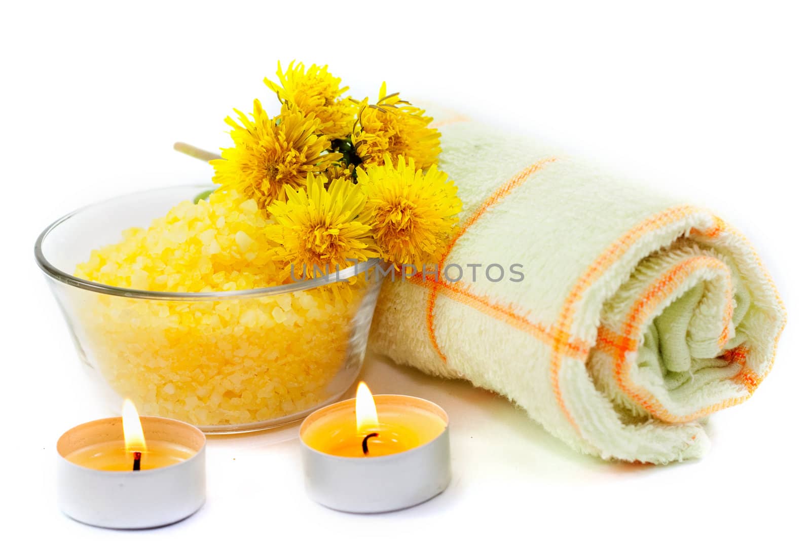 Aromatherapy set with flower dandelions and flasks