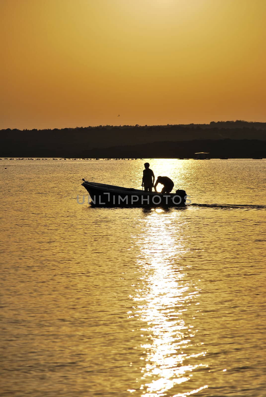 Two men in a boat in bay