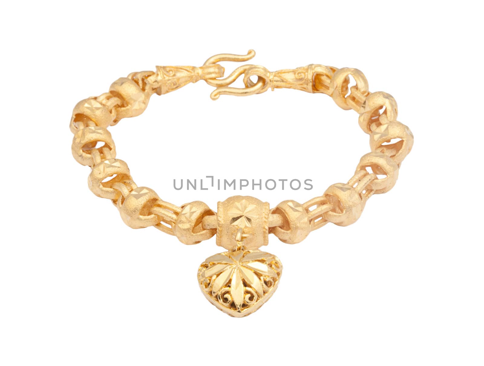 Nice golden bracelet in heart shape on white