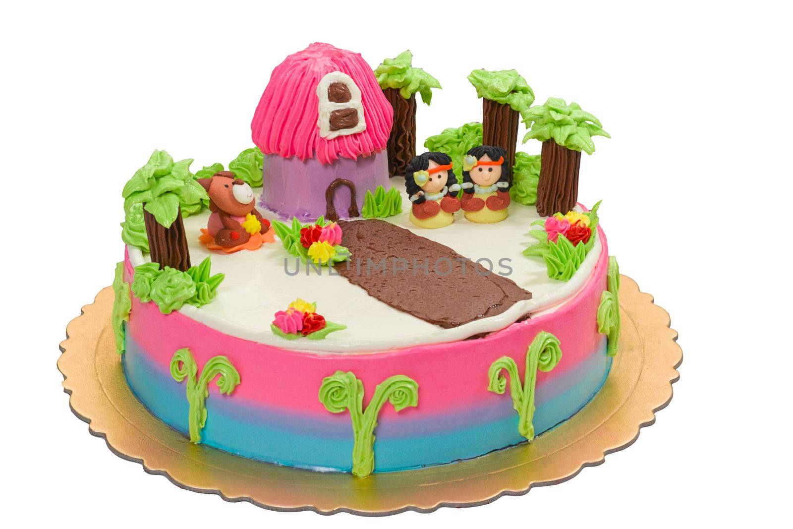 Red Indian camp, the birthday cake for young children isolates on white 