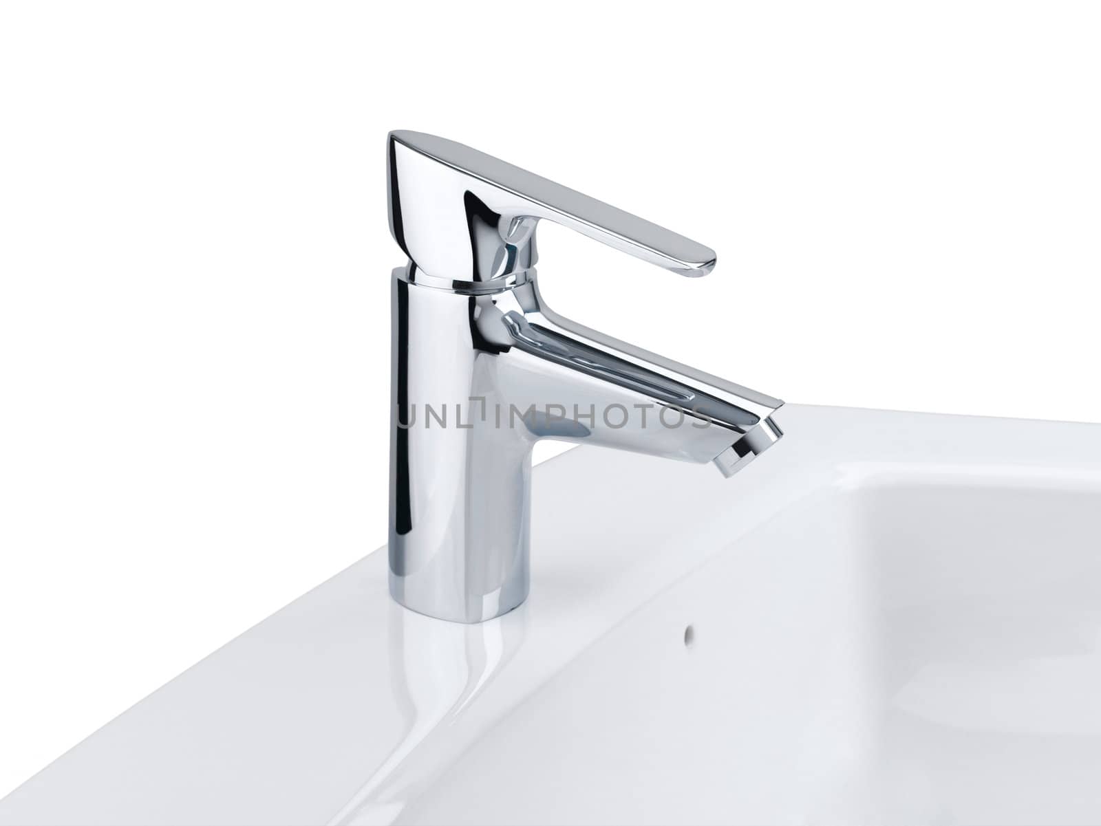Nice design of the chrome faucet and white washbasin isolates on white 
