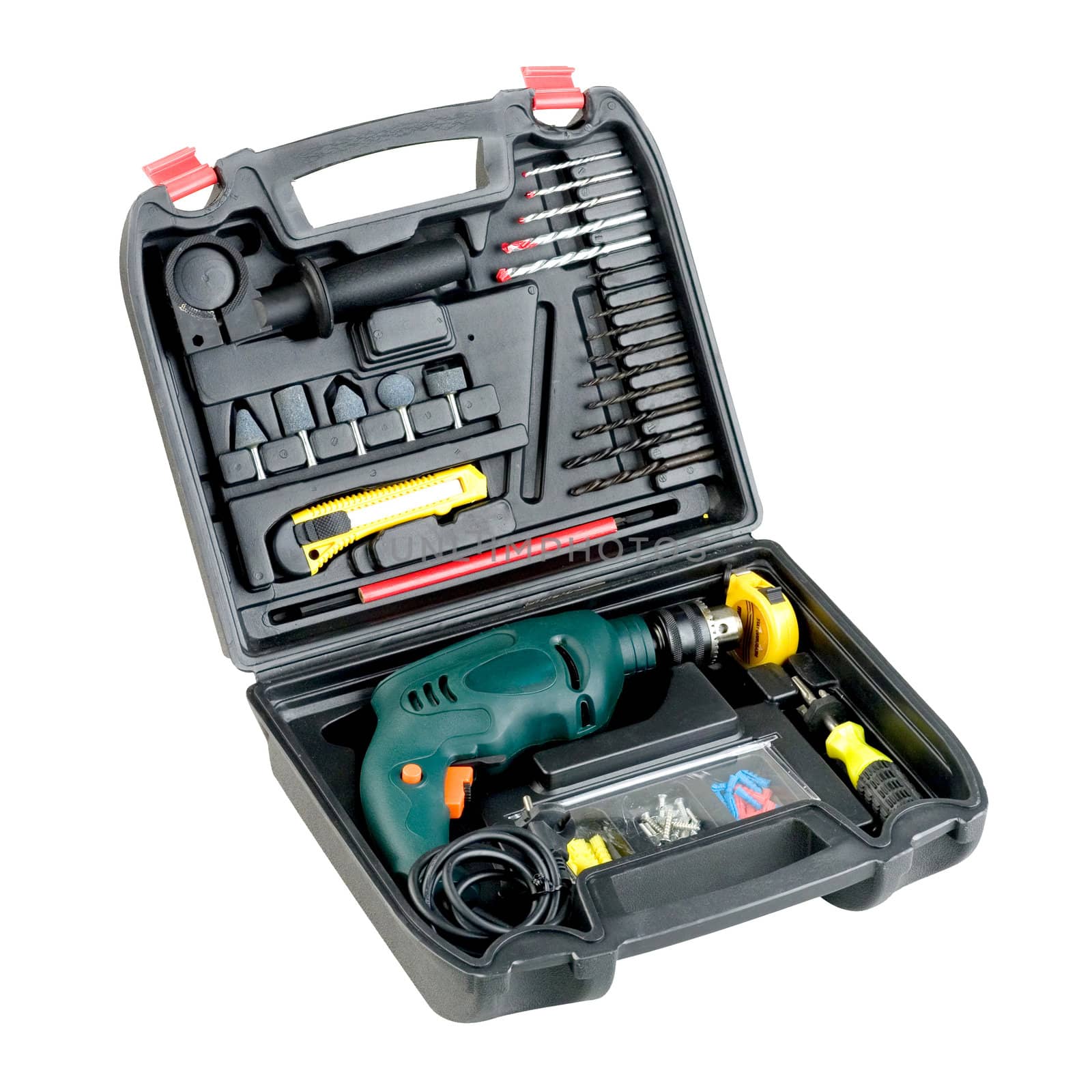 drilling screwdriver and tools in the box isolated 