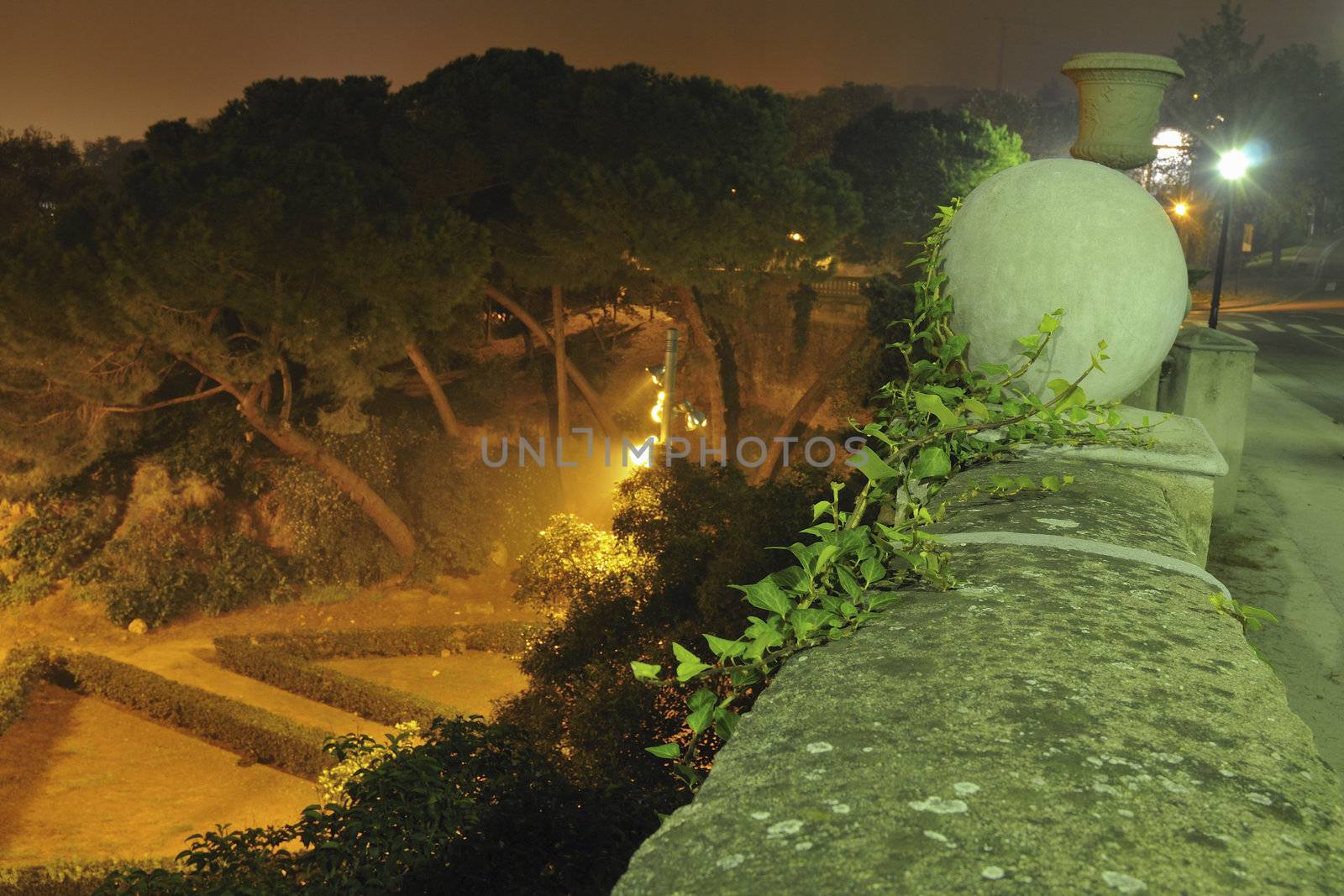 scenic night illumination at the place of famous Montjuic gardens in Barcelona