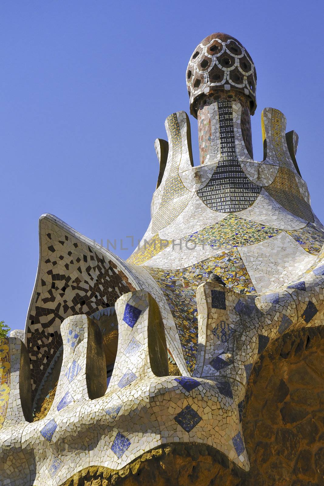 mosaic roof fragment from famous Barcelona landmark Park Guell, creation of modernism architect Antonio Gaudi