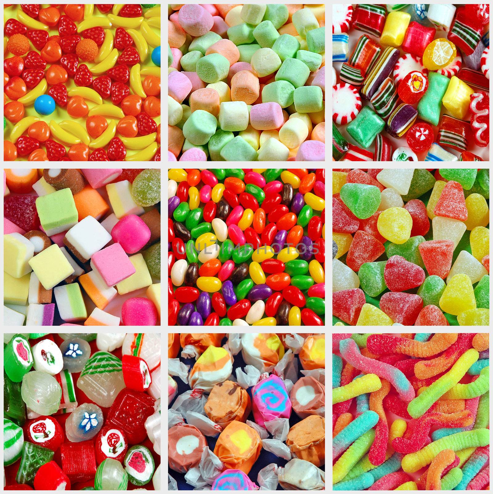 Collage of colorful assorted candy