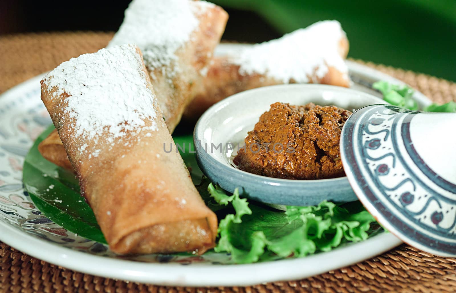Fried spring roll with powder the mediterranean food style