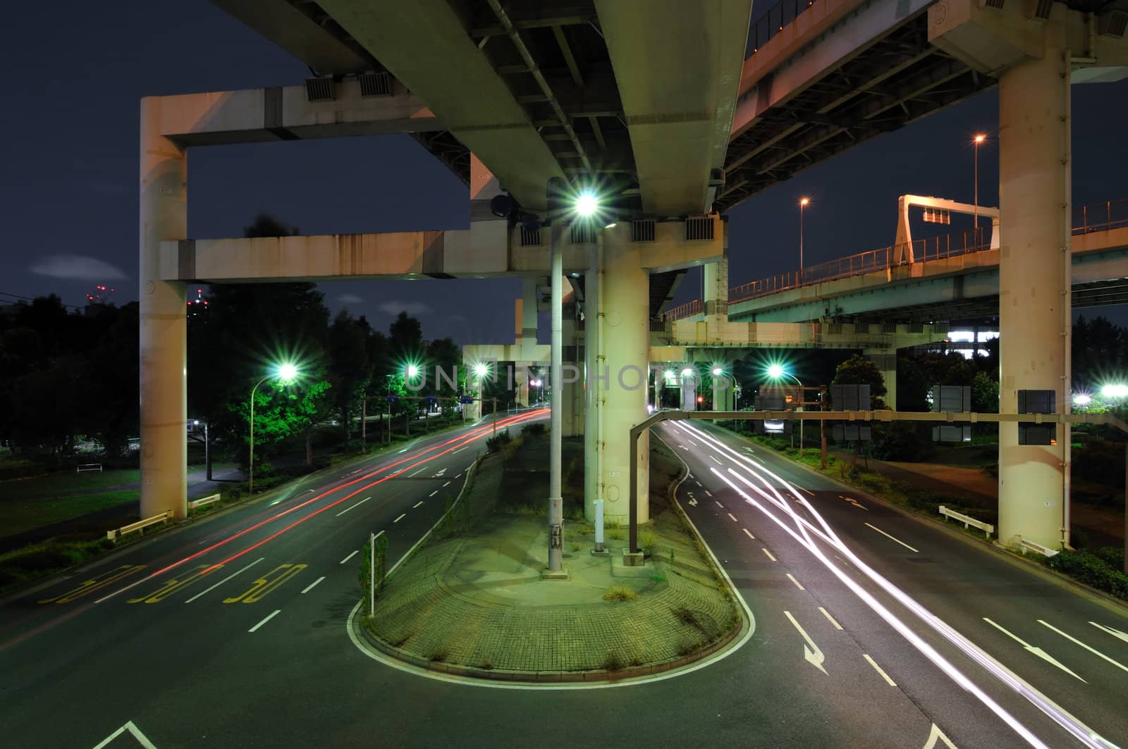 intensive highway junction structure by night