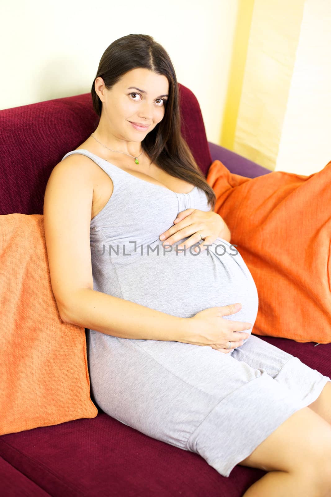 Gorgeous pregnant woman sitting on couch at home