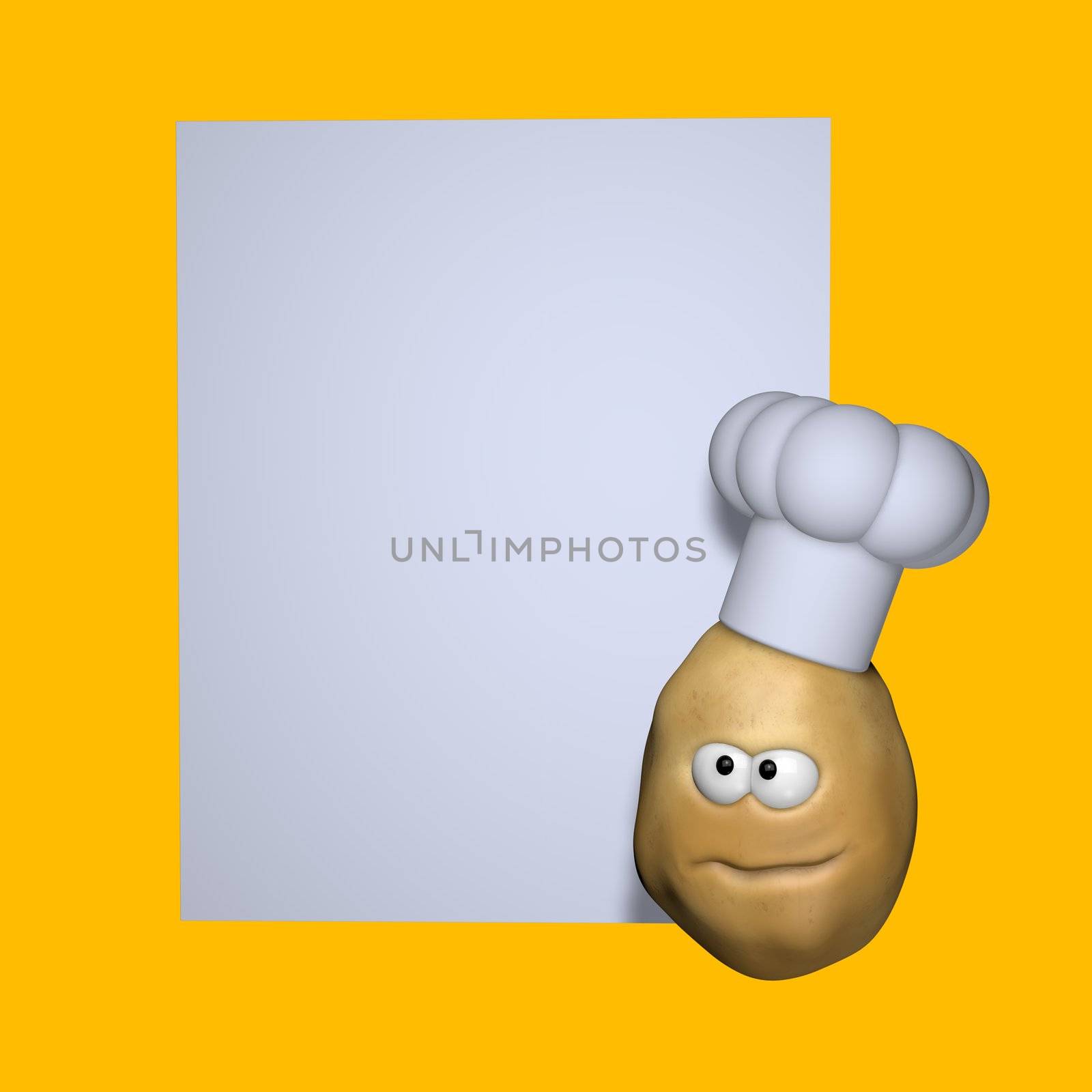 funny potato with cook hat and blank white sign - 3d illustration