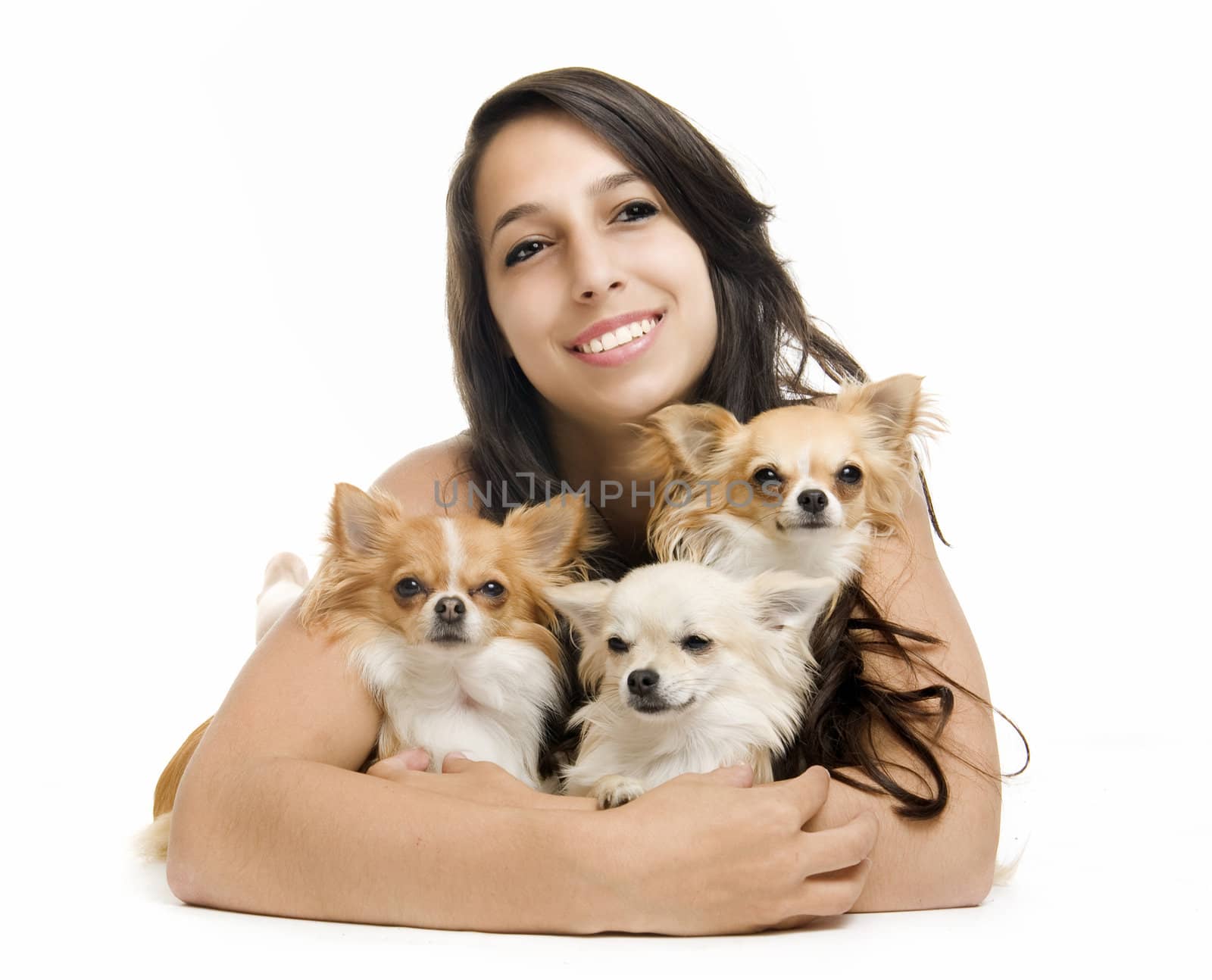 portrait of a woman andthree chihuahuas in front of white background