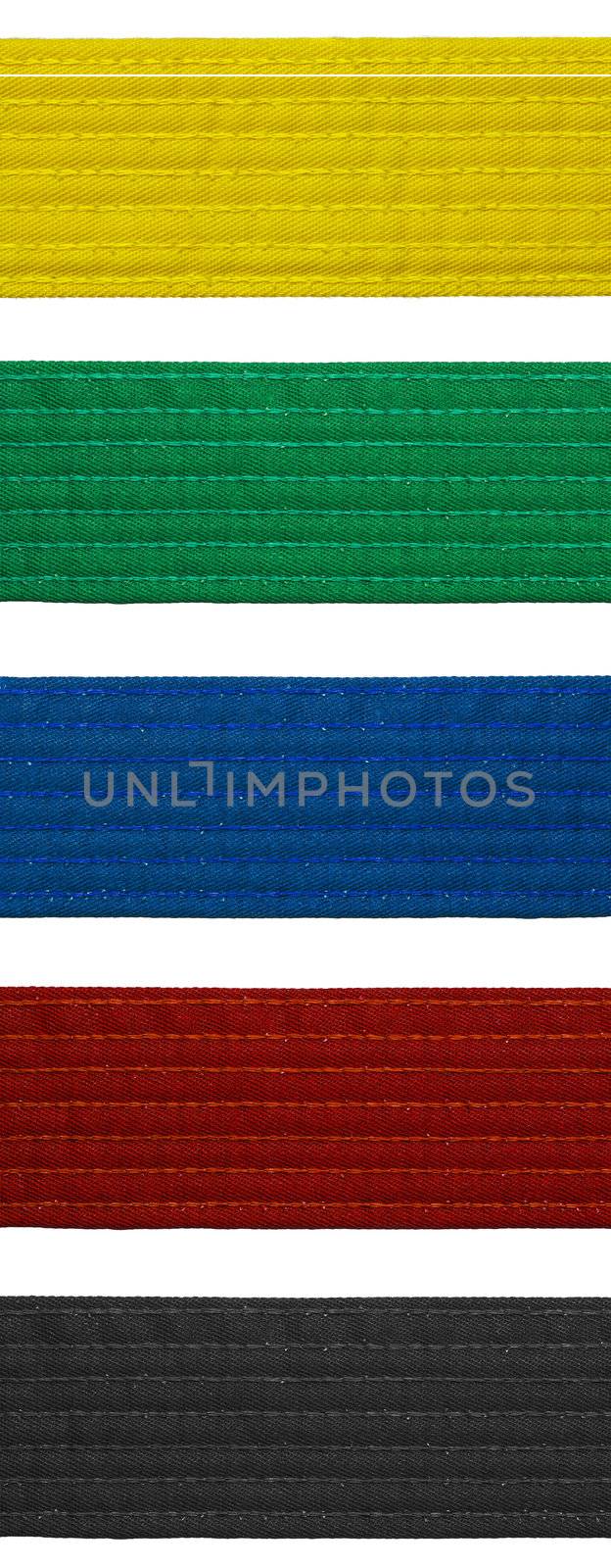 Karate belt set isolated on white background set of five belts