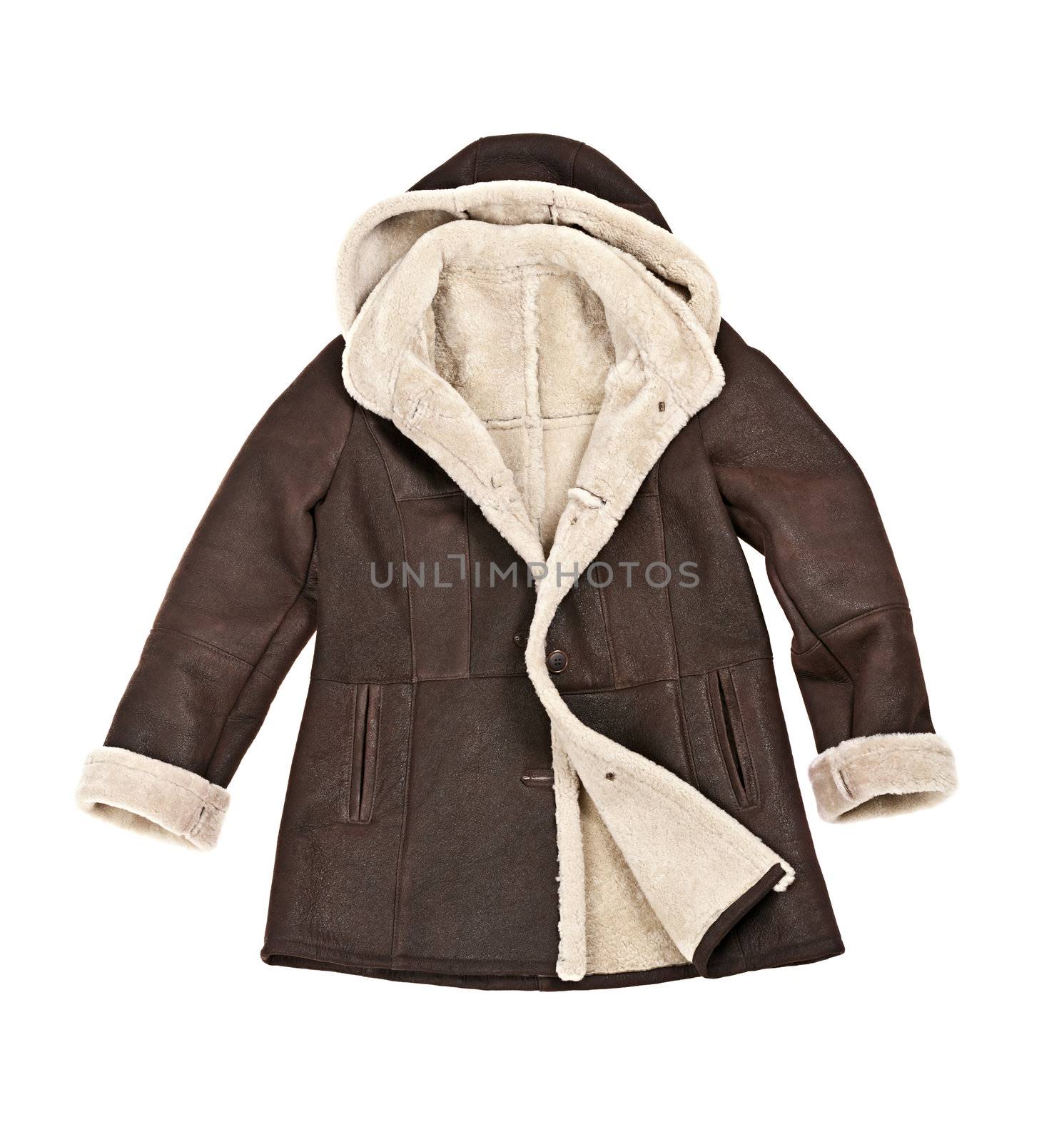 Warm brown shearling winter coat isolated on white