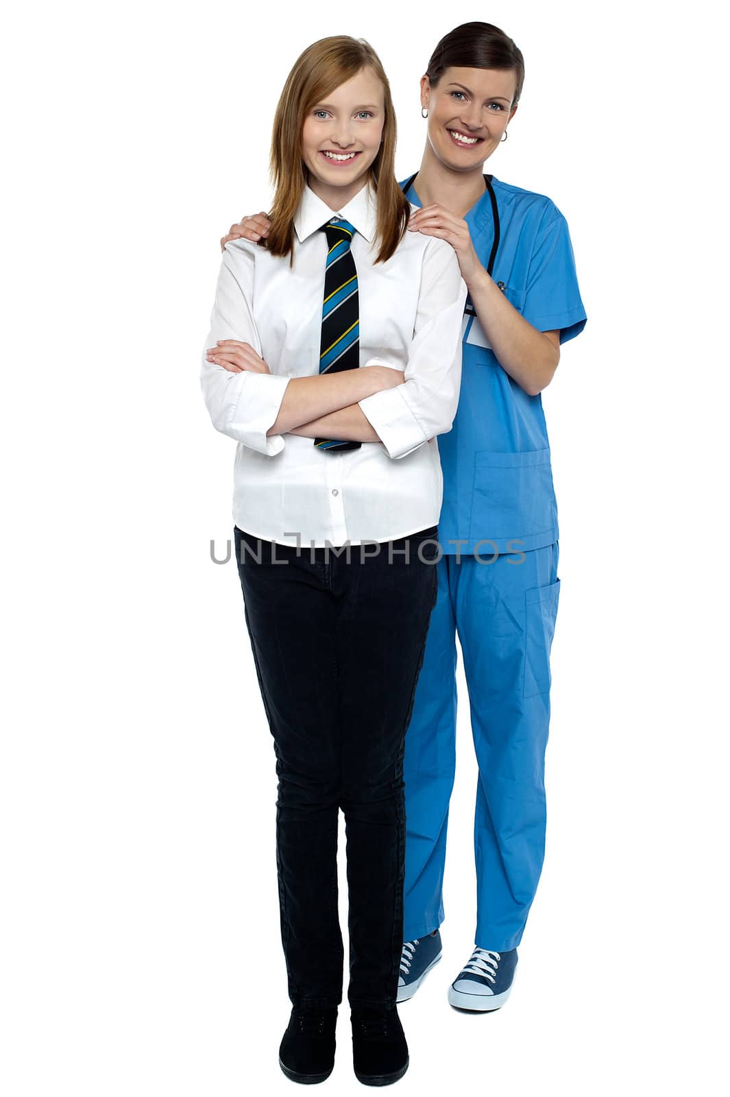 Full length portrait of a doctor with her patient. All against white background.