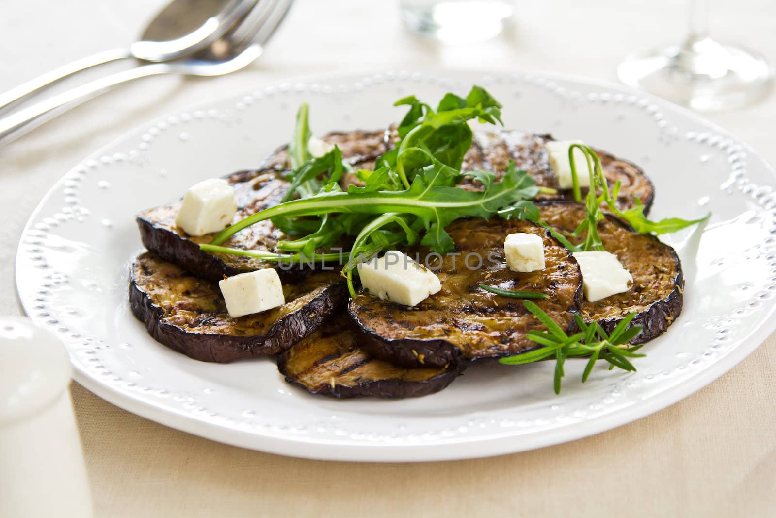 Grilled Aubergine with Feta cheese salad by vanillaechoes