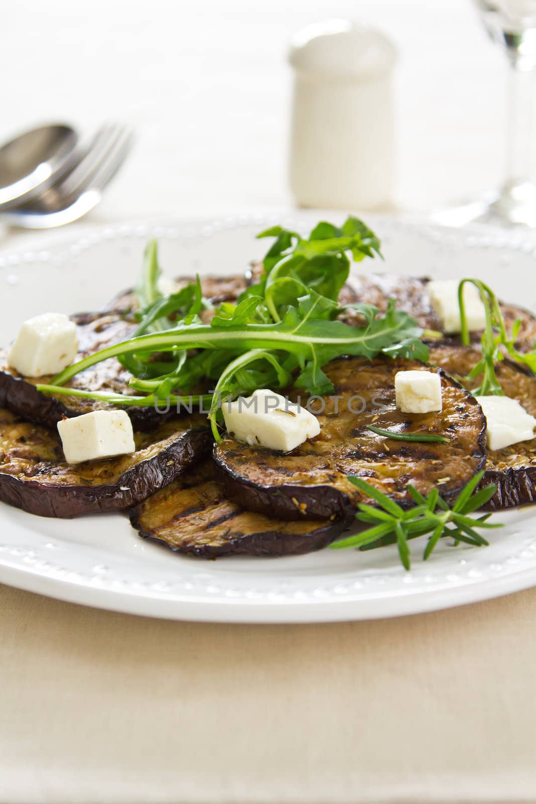 Grilled Aubergine with Feta cheese salad by vanillaechoes