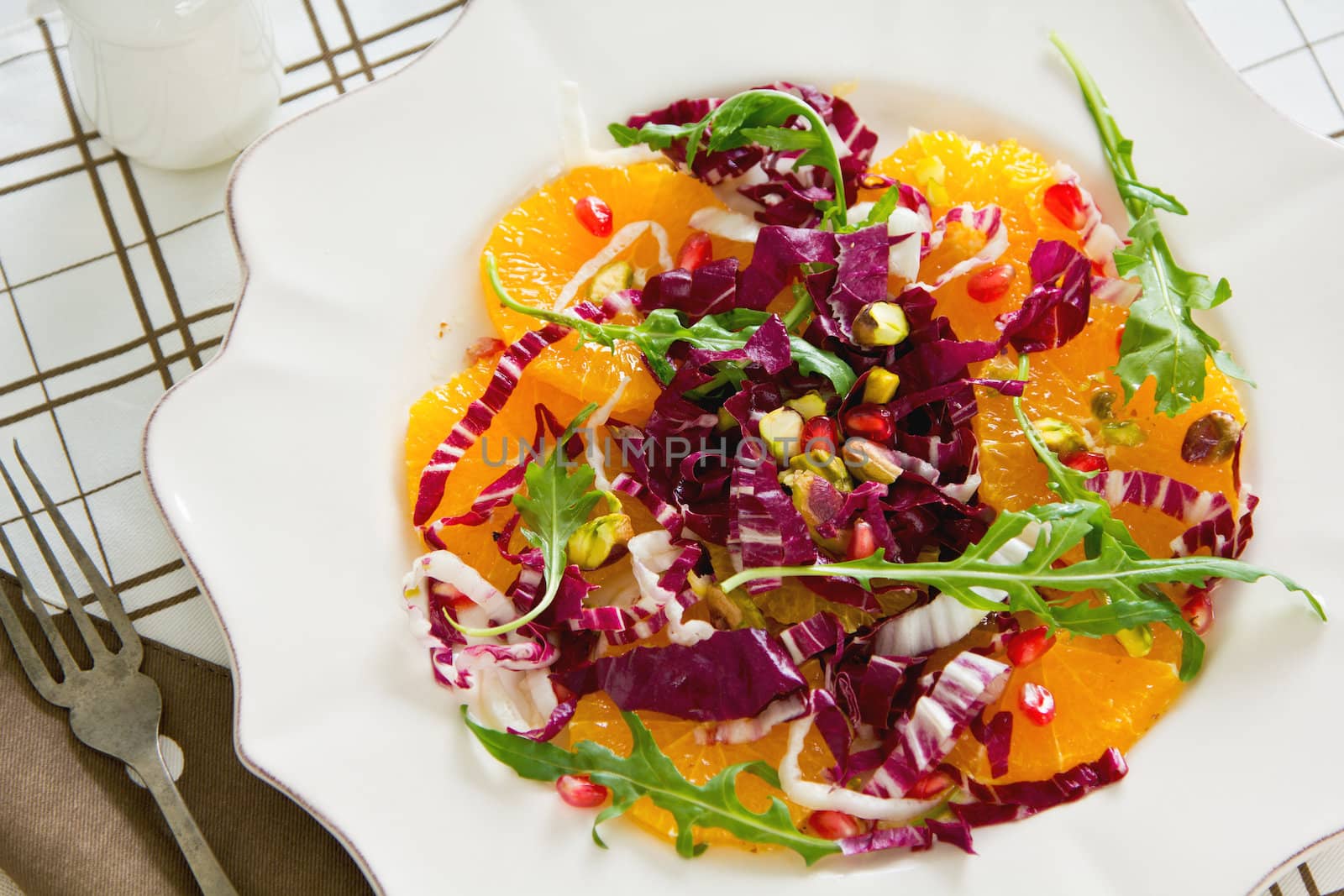 Orange with Radicchio,Pomegranate and Pistachio salad