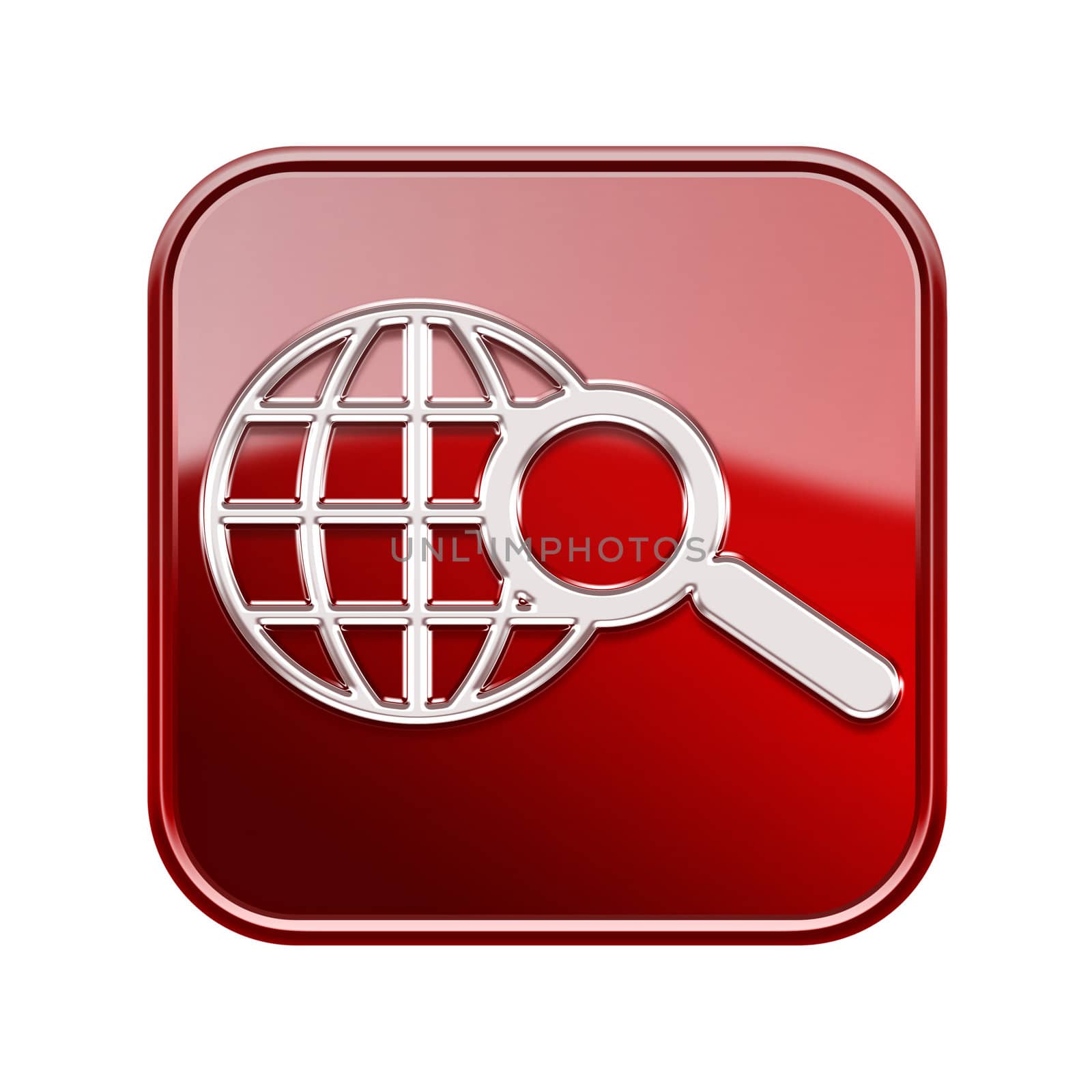 globe and magnifier icon red, isolated on white background