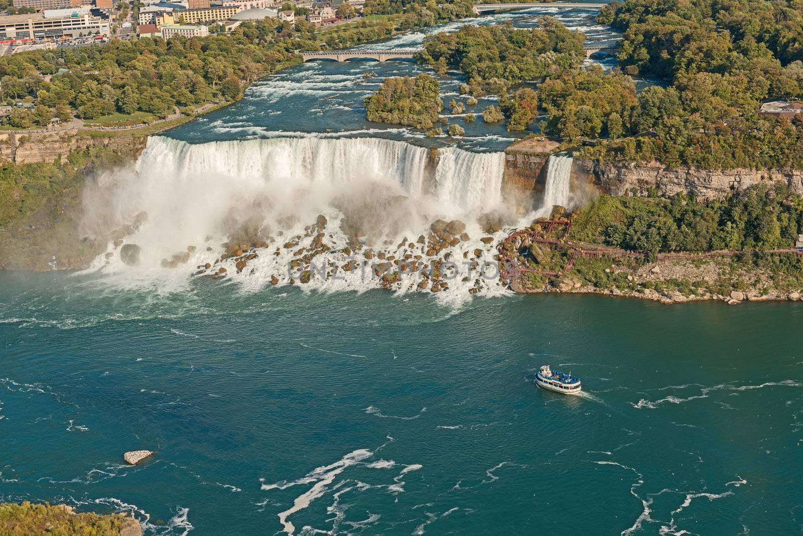 Aerial View on US Niagara Falls from the observation deck of Skylon Tower, Niagara Falls, Ontario, Canada.