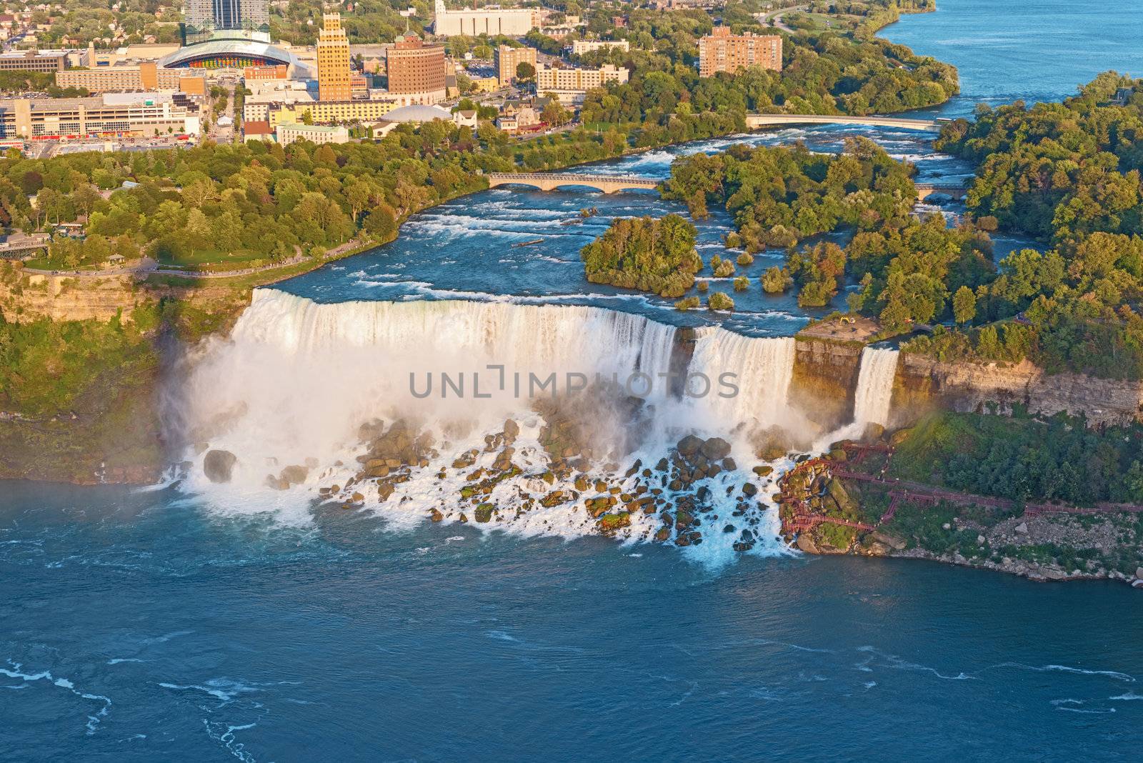 Aerial View on US Niagara Falls from the observation deck of Skylon Tower, Niagara Falls, Ontario, Canada.