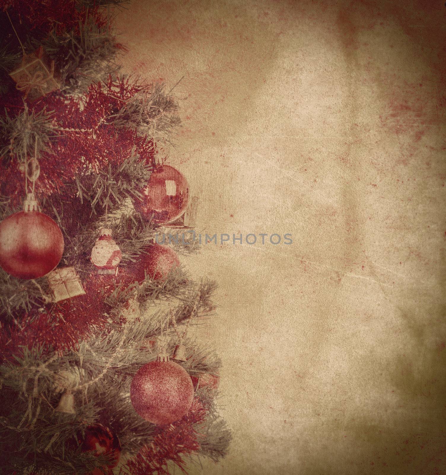 grunge textured christmas background with balls on tree 