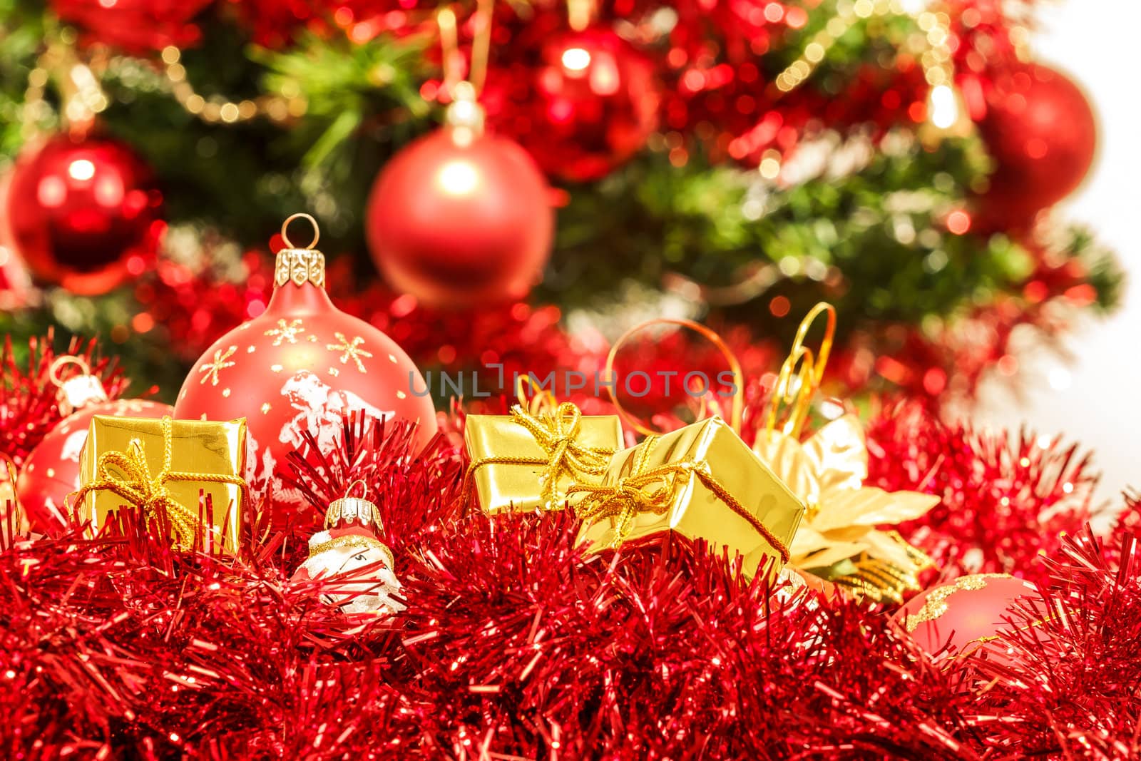 Red christmas balls golden boxes and decorations 