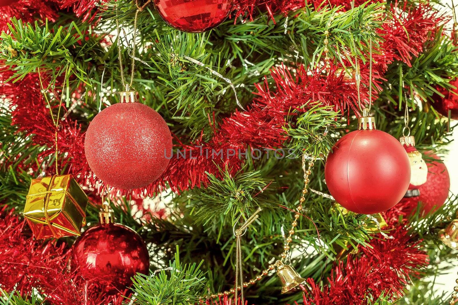 detail of decorated christmas tree with red balls