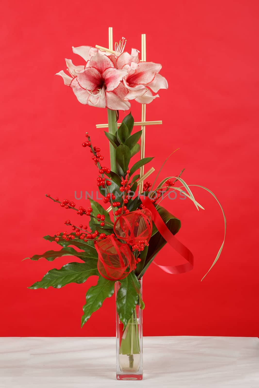 bouquet of pink lily flower on red background