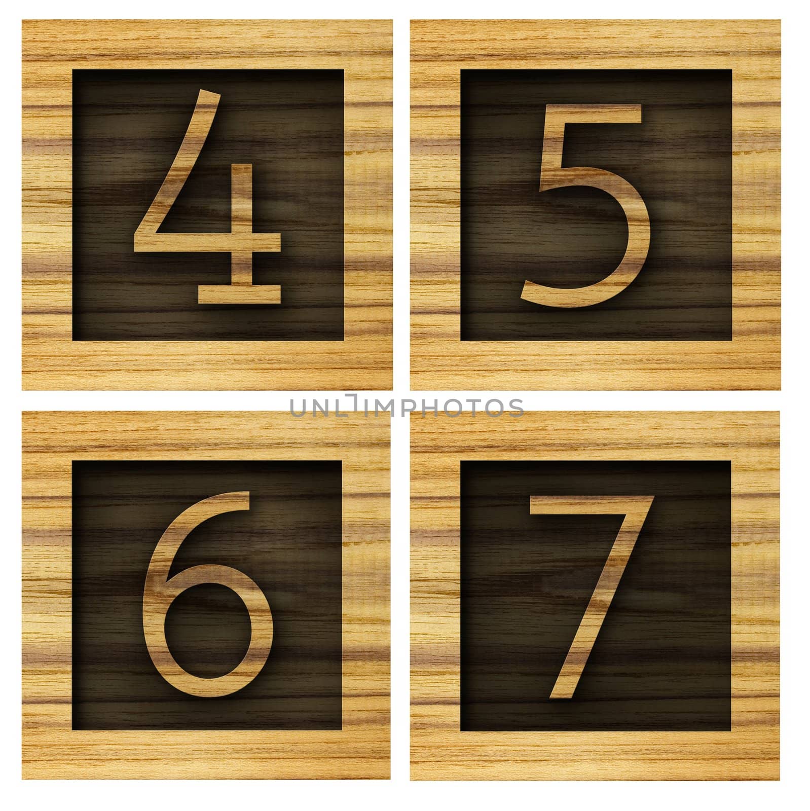 Teak wood 4-7 blocks with letters and numbers.