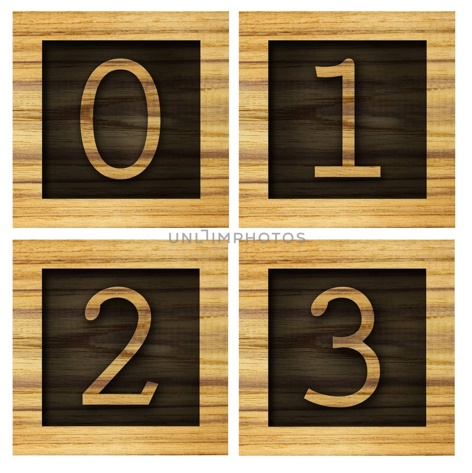 Teak wood 0-3 blocks with letters and numbers.