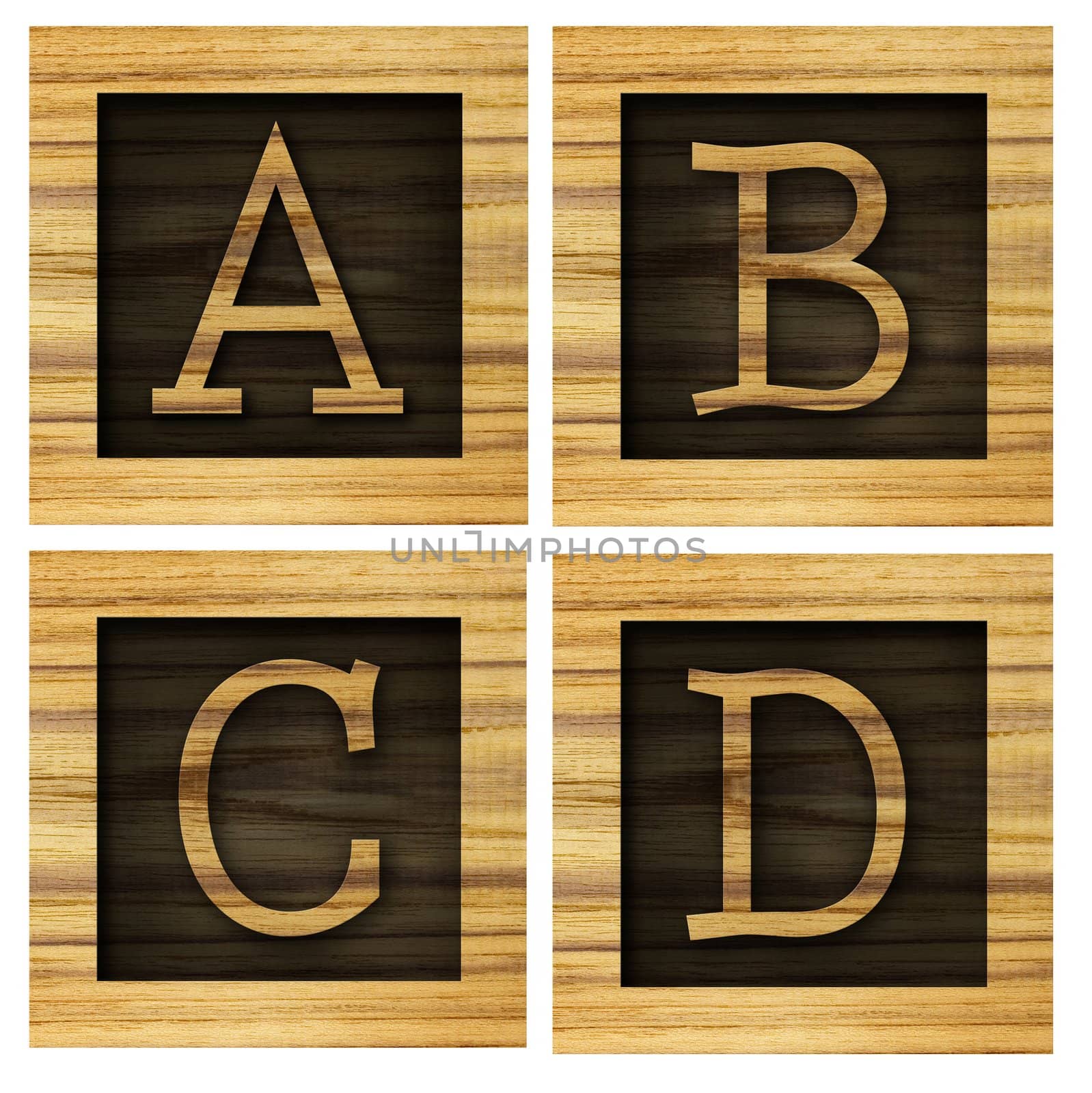 Teak wood A-D blocks with letters and numbers.