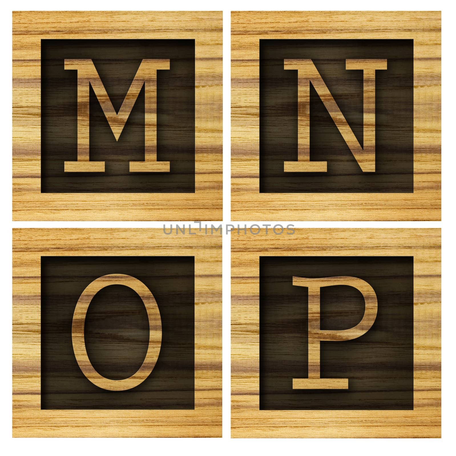 Teak wood M-P blocks with letters and numbers.