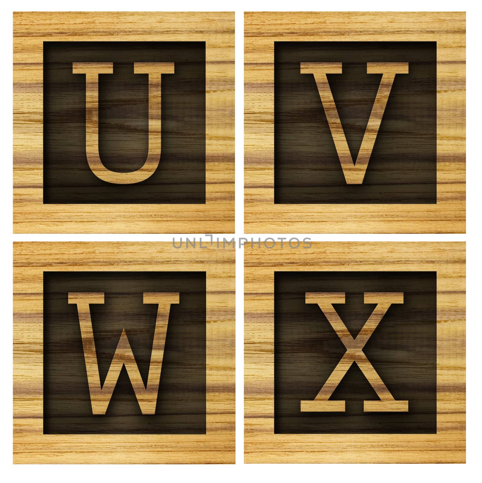 Teak wood U-X blocks with letters and numbers.