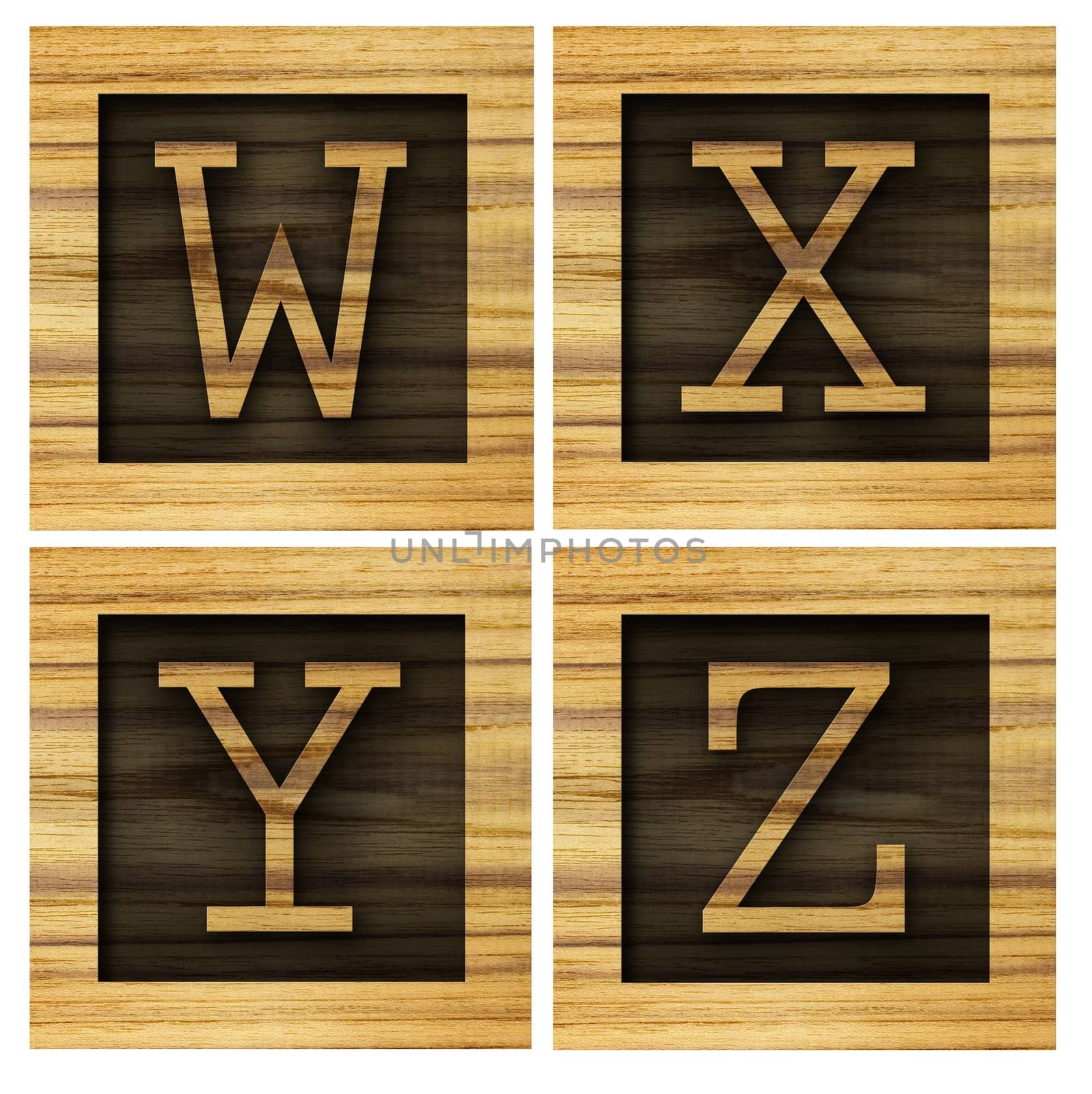 Teak wood W-Z blocks with letters and numbers.