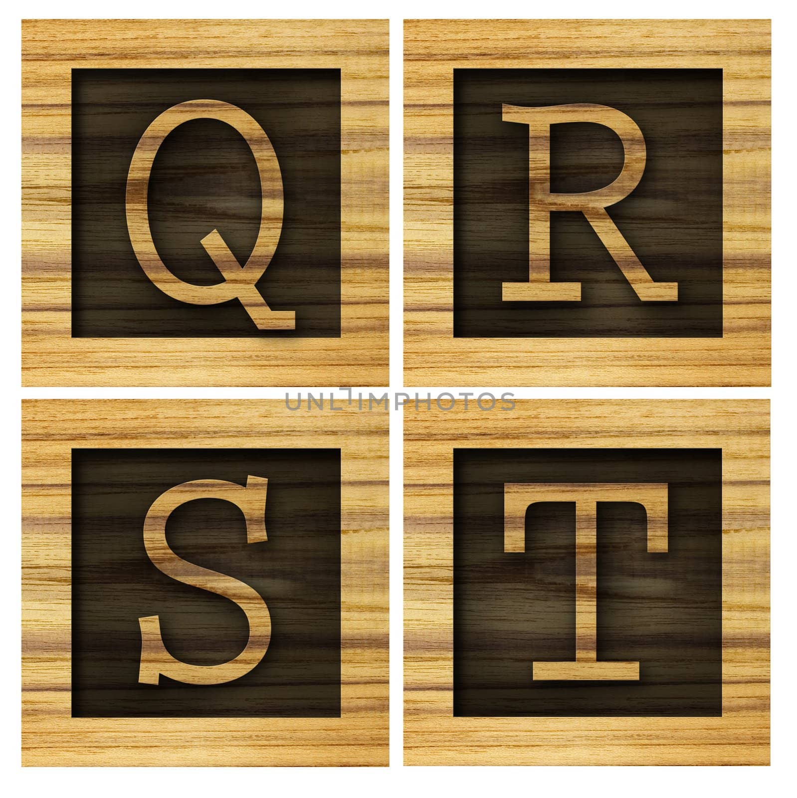 Teak wood Q-T blocks with letters and numbers.