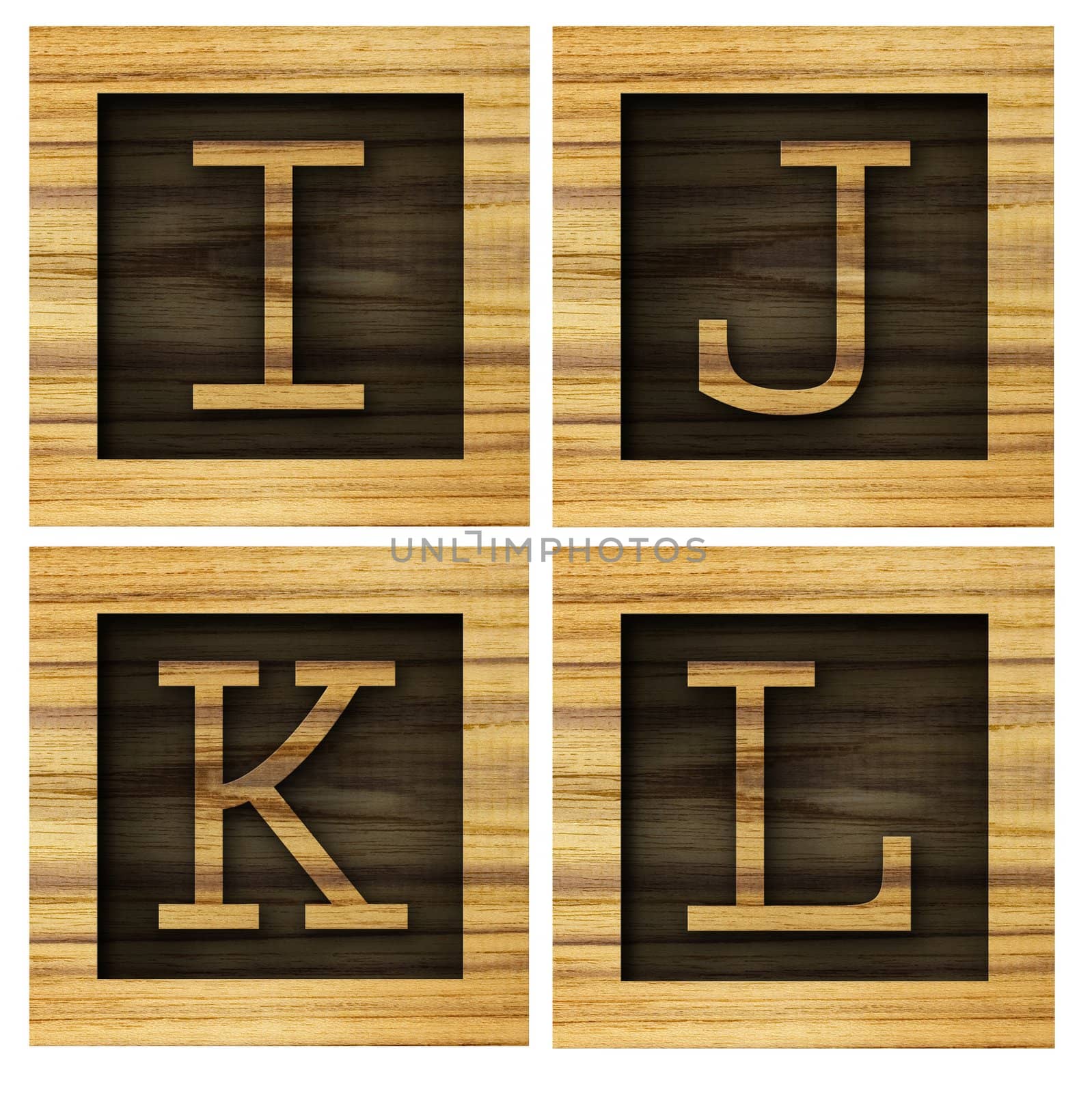 Teak wood I-L blocks with letters and numbers.