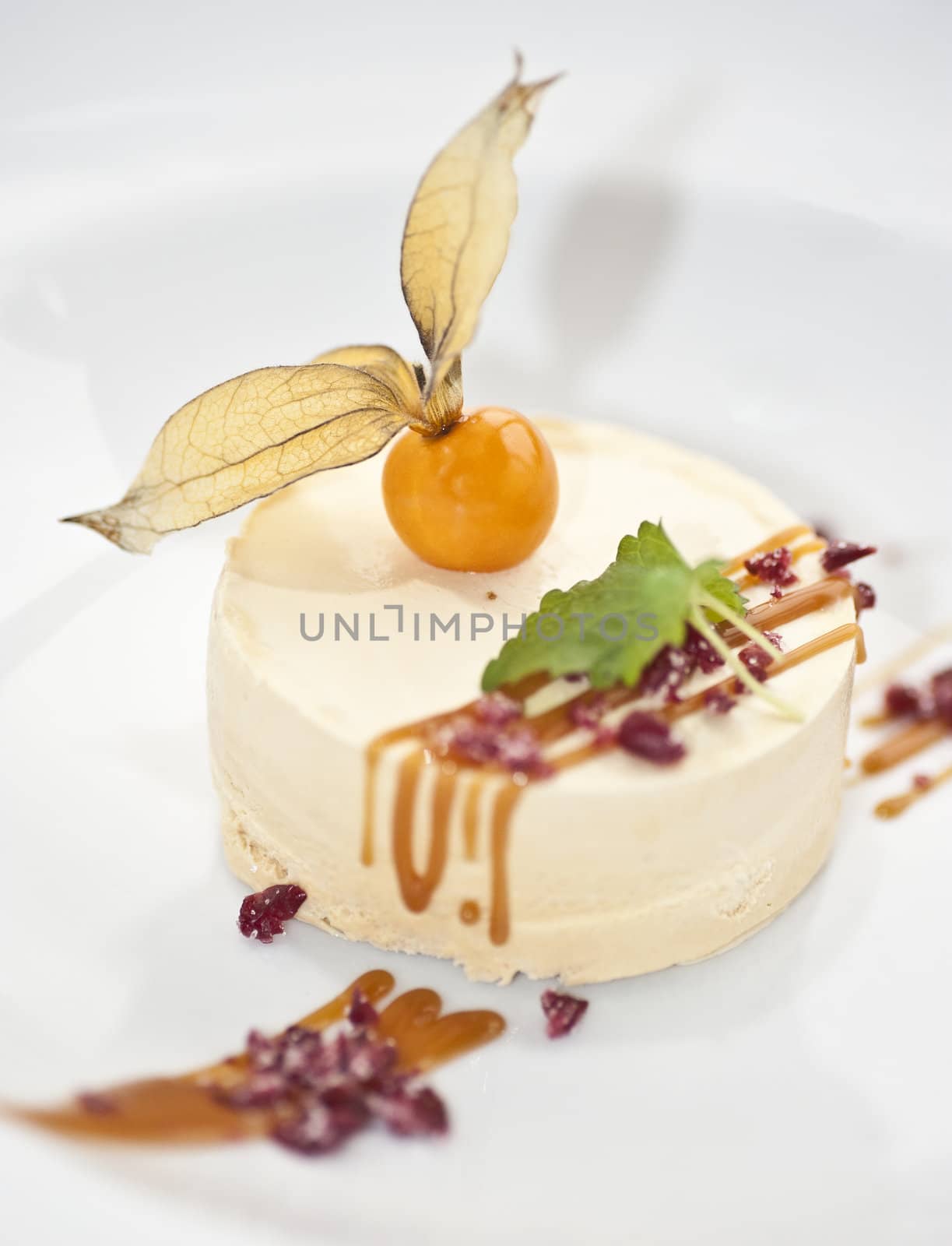 A portion of caramel parfait with a physalis and some mint on top
