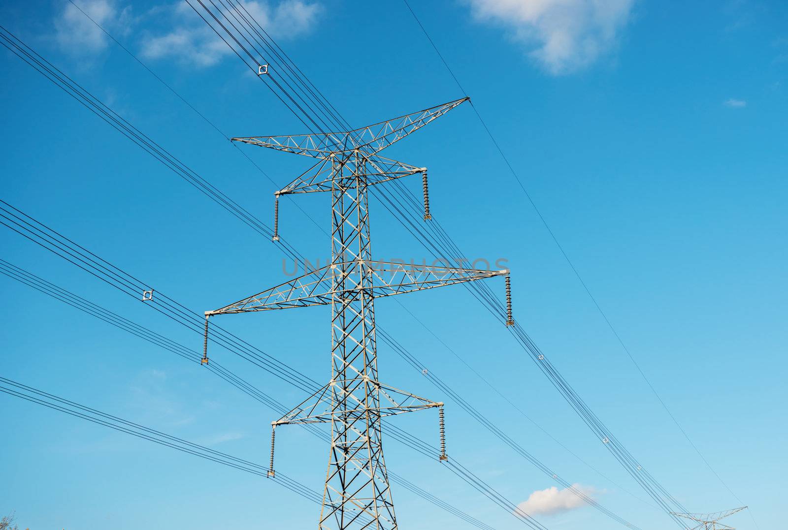 High Voltage Tower over Blue Sky near Toronto, Canada